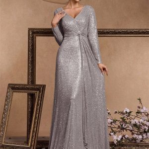 [Color: Grey] Sequin Long-sleeved V-neck Banquet Evening Elegant Elegant Long Dress