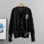 [Color: Black] Fashionable Brand Niche Women's Tops Sanskrit Cross Knitted Cardigan Sweater Women's Autumn European Loose Slimming Look Jacket Trendy
