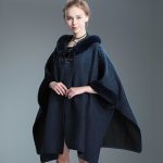 Size-Free size [Color: Navy blue] European and American autumn and winter New imitation Rex rabbit fur collar hooded shawl Cape plus size woolen coat loose cardigan for women