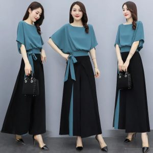 [Color: Blue] Wide-Leg Pants Suit for Women Summer Fashionable Draped Style Slimming Two-Piece Set