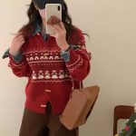 Size-Free size[Color: Red dancing villain coat] Korean style autumn and winter New hooded striped knitted cardigan women's top loose lazy style plus size soft glutinous sweater coat