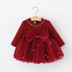 Baby Girls Long-Sleeved Beaded Bow Mesh Princess Skirt Fashionable