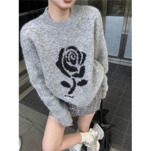 Size-Free size [Color: Black] Vintage Contrast Jacquard Long-sleeved Knitted Sweater Autumn and Winter New Loose Lazy Chic Top