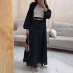[Color- Black] Satin Bubble Sleeves Middle East Dubai Elegant Cardigan Robe Strap Half-length Two-piece Set
