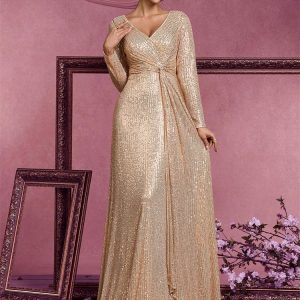 [Color: Champagne] Sequin Long-sleeved V-neck Banquet Evening Elegant Elegant Long Dress