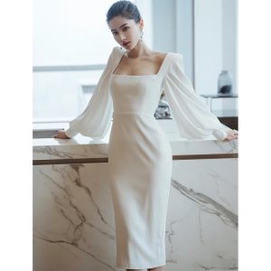 [Color: White] White High-End Evening Dress for Women, Light Luxury Fishtail French Simple White Dress, Niche Elegant Light Wedding Dress