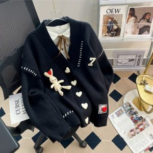 Size-One size fits all [Color: Black] Design Sense Niche Love Buckle Stereo Rabbit Sweater Coat Women's Autumn and Winter New Loose Lazy Style Knitted Cardigan