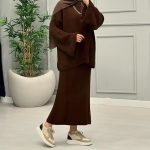 [Color- Brown] Spring New Wide-Sleeved Sweater Skirt Fashion Sweater Casual Suit for Women