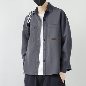 [Color : Grey] Shirt Men's Spring and Autumn Thin Hong Kong Style Japanese Style Long Sleeve Men's Shirt Loose Cardigan Jacket All-Match Casual Trendy