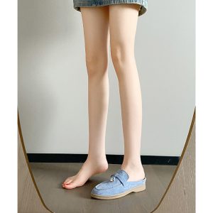 [Color: Blue-half drag] Super soft bottom all-match slip-on single shoes women's tassel lock hidden height loafers