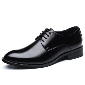 [Color: Black] Men's Breathable Leather Shoes Formal Business Shoes Pointed Toe Lace-Up Flat Shoes