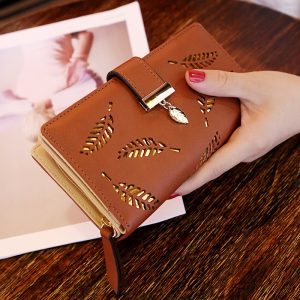 [Color: Coffee] New Women's Wallet Sweet Lady Pu Leather Horizontal Zipper Women's Medium Long Hollow Leaf Coin Purse