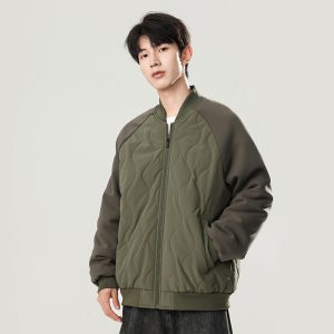 [Color : Military green] Men's Autumn Jacket Men's Trendy Casual Easiest for Match Stand Collar Cotton Jacket Baseball Collar Windproof Warm Cotton Jacket Men
