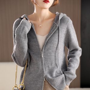 [Color : Grey] Harajuku Style Double Zipper Knitted Cardigan for Women 2025 Autumn and Winter