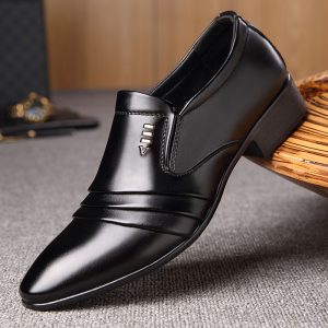 [Color: Black set of feet] Men's Business Leather Shoes British Casual Pointed Formal Leather Shoes