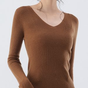 [Color : Curry] Ultra-Fine 100% Wool Knit Sweater for Women, Autumn and Winter Style