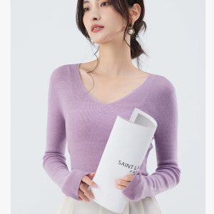 [Color : Voilet] Ultra-Fine 100% Wool Knit Sweater for Women, Autumn and Winter Style