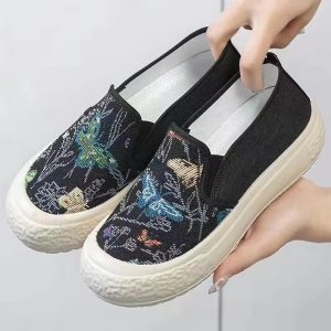 [Color: Butterfly Black] Old Beijing Cloth Shoes 2024 Summer New Women's Flats Canvas Casual Fashion Student High Heels Soft Sole Ethnic Style Shoes