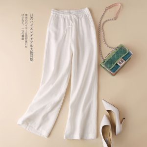 [Color : White] Spring and Summer New Linen Wide-leg Pants Women's Loose Waist Casual Pants