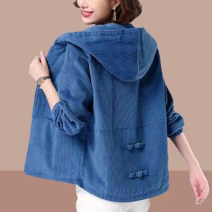 [Color : Blue] Corduroy Short Fashion Jacket for Women Korean Style Loose
