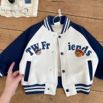 [Color : Blue (plus velvet)] Children's Baseball Uniform Fleece-Lined 2025 Autumn and Winter New Bear Jacket Trendy Baby Letter Jacket Thickeneded