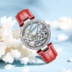 [Color : Red] Senas Watch Brand Mechanical Perspective Window Design Genuine Leather Women's Watch