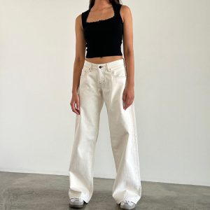 [Color : White] American Style Retro Low Waist Non-Elastic Washed Straight Jeans Women's Autumn New Street Wide Leg Denim Women's Pants