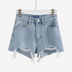 [Color : Light blue] Summer ripped irregular frayed wide-leg shorts versatile casual high waist jeans women's clothing