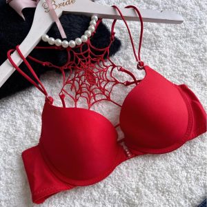 [Color : Red ] Front Buckle Beautiful Back Spider Web Bra Hanging Neck Lace Pure Desire Sexy Underwear Women's Thin Belt Cross Gathering Sling Outer Single