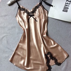 [Color : Black Lace Champagne Yellow] Summer silk-like Ladies sling nightgown sexy V-neck spinning satin pajamas home clothes