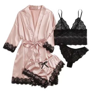 [Color : Pink] Women's Lace Pajamas Set Sexy Home Wear Four-Piece Set