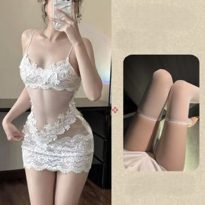 [Color : White] Sexy Lingerie Transparent Lace Sexy Nightgown High-End Mesh Suspender Pajamas Women's Summer Pure Lust Style Embroidery