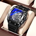 [Color : Black] Wine barrel-shaped watch men's waterproof double-sided hollow non-mechanical watch
