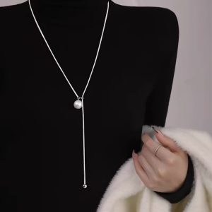 [Color : White pearl] Silver-Plated Pull-Out Pearl Long Sweater Chain Necklace for Women