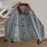 [Color : Blue] Contrast Color Stitching Lapel Short Denim Jacket Women's Fashion New Retro Denim Blue Petite Jacket Top