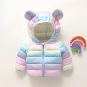 [Color : Rainbow color] Children's cotton-padded jacket autumn and winter warm printed coat boys and girls baby hooded jacket children's jacket cartoon cotton-padded coat