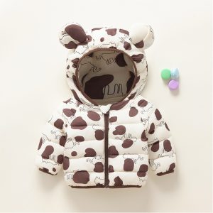 [Color : Rice color] Children's cotton-padded jacket autumn and winter warm printed coat boys and girls baby hooded jacket children's jacket cartoon cotton-padded coat