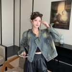 [Color : Picture color] Hong Kong Style Vintage Collar Denim Jacket