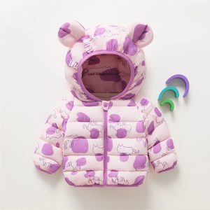 [Color : Pink purple] Children's cotton-padded jacket autumn and winter warm printed coat boys and girls baby hooded jacket children's jacket cartoon cotton-padded coat