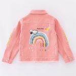 [Color : Rainbow Pink] Children's clothing girls' Denim jacket fashionable frayed pink ripped denim jacket children's rainbow sequined top