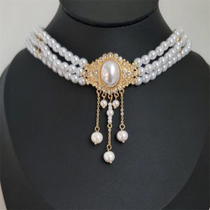 French Elegant Retro Choker Oval Imitation Pearl Tassel Necklace